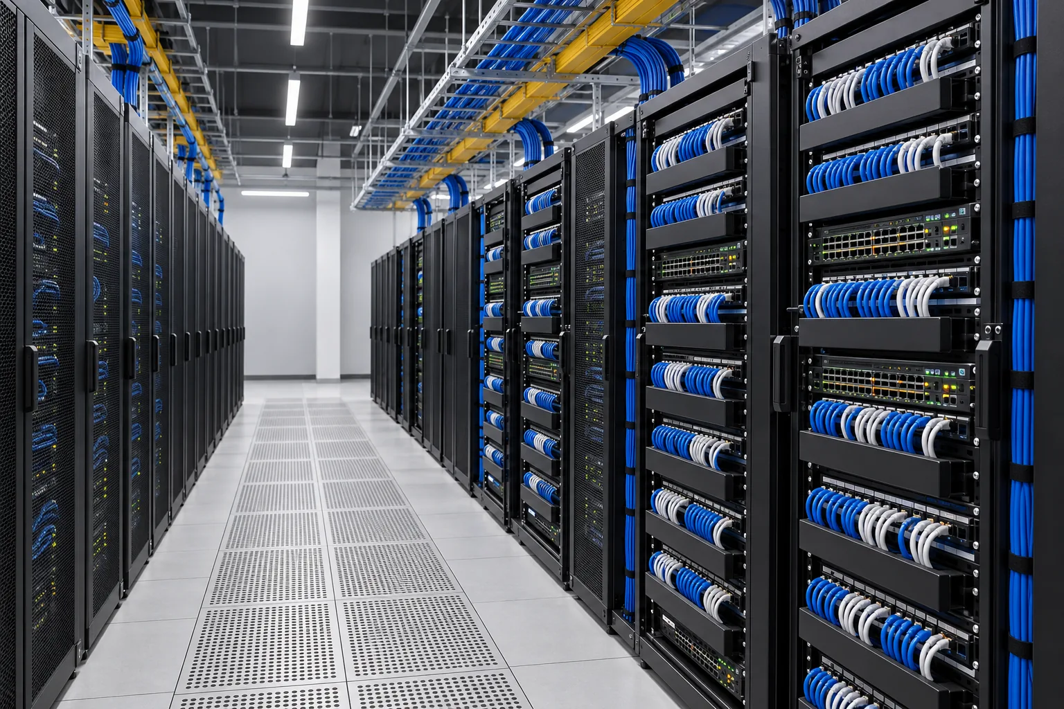 Pasillo de site con racks, patch panels y escalerilla portacables